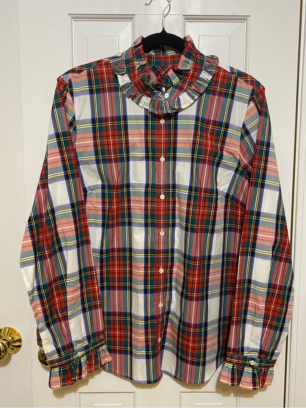 Classic Red Plaid Button-Down Shirtwith Ruffle Collar